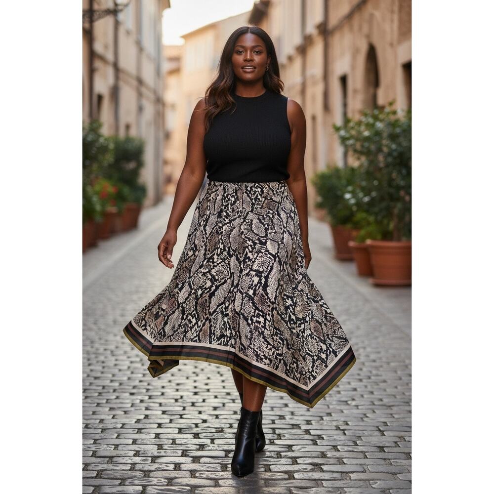 Snakeskin Print Flattering MIDI Asymentrical Hem Skirt Sz 18 Flowy Worthington
